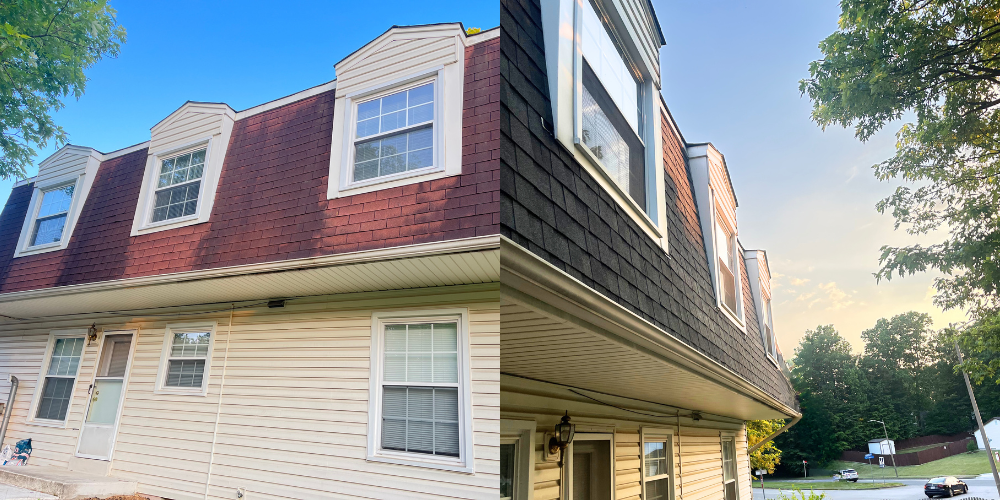 Before and After photo of a roof replacement completed by Ridgeline Exteriors