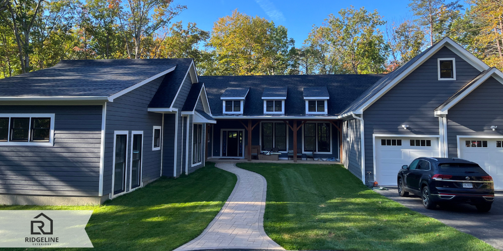 Before and After photo of a roof replacement completed by Ridgeline Exteriors